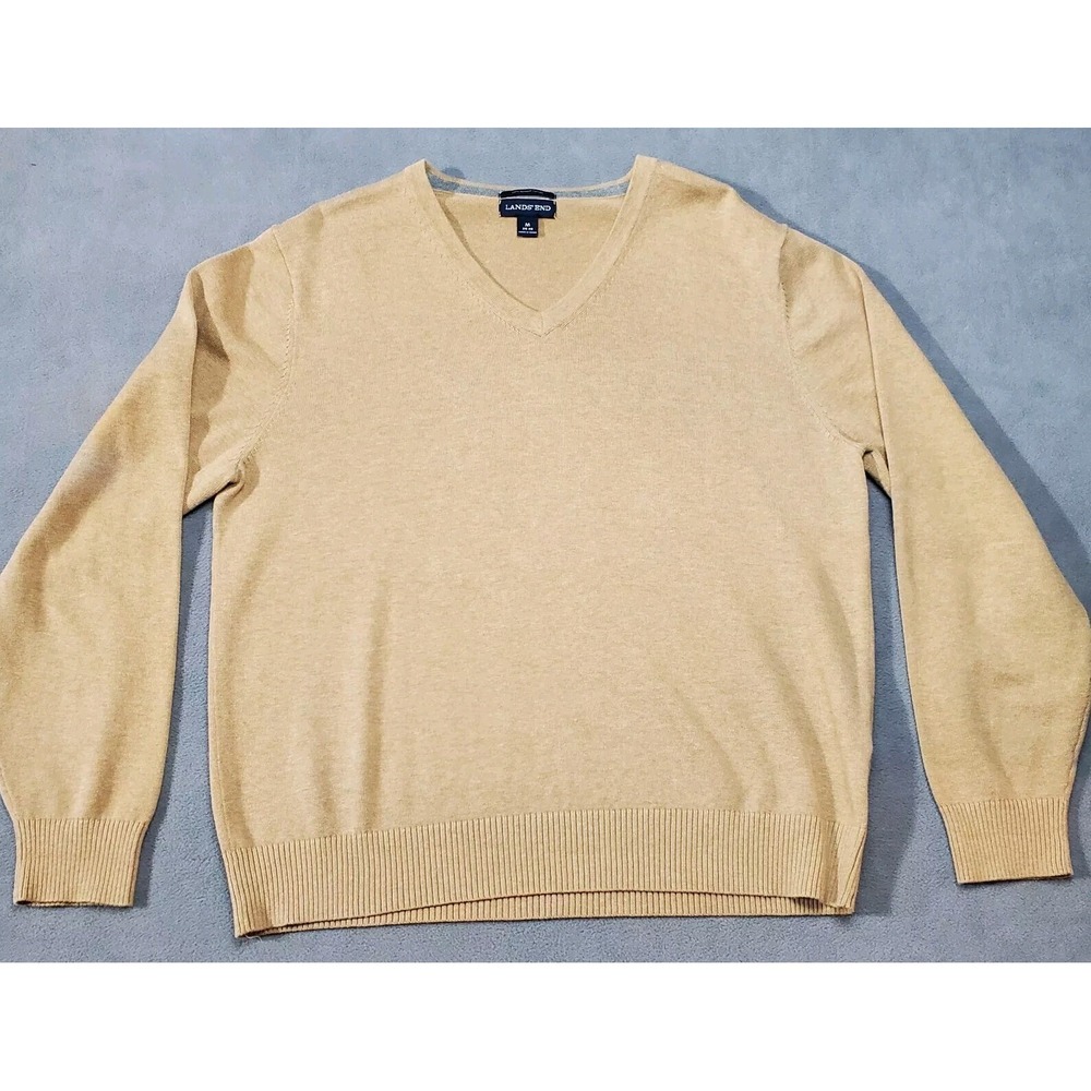 Lands End Sweater Mens Medium Brown Excellent Supima Cotton V-Neck Pullover